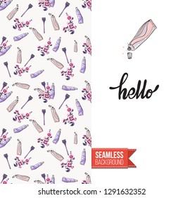 Beauty salon flyer promo card. Motivation quote: hello. Fashion background with cosmetic, make up tools and fashion accessories. Editable vector template of greeting card.