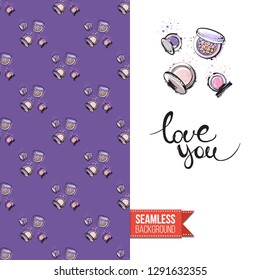 Beauty salon flyer promo card. Motivation quote: love you. Fashion background with cosmetic, make up tools and fashion accessories. Editable vector template of greeting card.