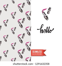 Beauty salon flyer promo card. Motivation quote: hello. Fashion background with cosmetic, make up tools and fashion accessories. Editable vector template of greeting card.