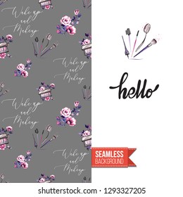Beauty salon flyer promo card. Motivation quote: hello. Fashion background with cosmetic, make up tools and fashion accessories. Editable vector template of greeting card.