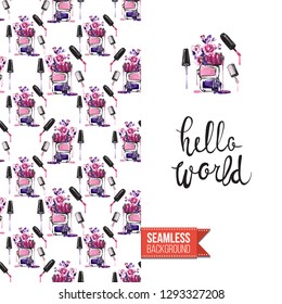 Beauty salon flyer promo card. Motivation quote: hello world. Fashion background with cosmetic, make up tools and fashion accessories. Editable vector template of greeting card.