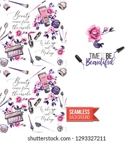 Beauty salon flyer promo card. Motivation quote: time to be beautiful. Fashion background with cosmetic, make up tools and fashion accessories. Editable vector template of greeting card.