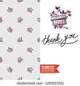 Beauty salon flyer promo card. Motivation quote: thank you. Fashion background with cosmetic, make up tools and fashion accessories. Editable vector template of greeting card.