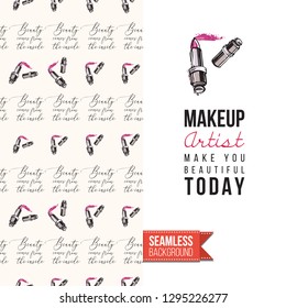 Beauty salon flyer promo card. Motivation quote: makeup artist make you beautiful. Fashion background with cosmetic, make up tools and fashion accessories. Editable vector template of greeting card.
