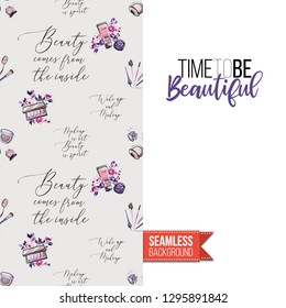 Beauty salon flyer promo card. Motivation quote: time to be beautiful. Fashion background with cosmetic, make up tools and fashion accessories. Editable vector template of greeting card.