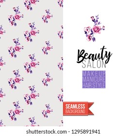 Beauty salon flyer promo card. Motivation quote: beauty salon. Fashion background with cosmetic, make up tools and fashion accessories. Editable vector template of greeting card.