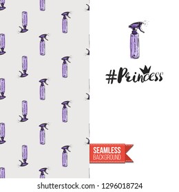 Beauty salon flyer promo card. Motivation quote: princess hashtag. Fashion background with cosmetic, make up tools and fashion accessories. Editable vector template of greeting card.