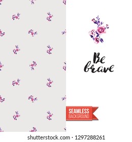 Beauty salon flyer promo card. Motivation quote: be brave. Fashion background with cosmetic, make up tools and fashion accessories. Editable vector template of greeting card.