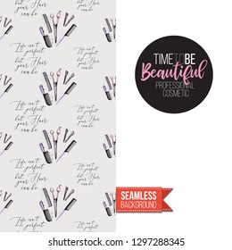 Beauty salon flyer promo card. Motivation quote: time to be beautiful. Fashion background with cosmetic, make up tools and fashion accessories. Editable vector template of greeting card.