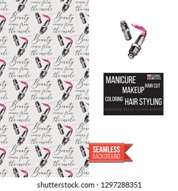Beauty salon flyer promo card. Motivation quote: manicure makeup hair styling. Fashion background with cosmetic, make up tools and fashion accessories. Editable vector template of greeting card.