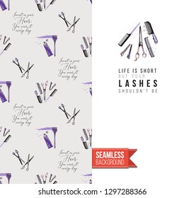 Beauty salon flyer promo card. Motivation quote: life is short but not lashes. Fashion background with cosmetic, make up tools and fashion accessories. Editable vector template of greeting card.