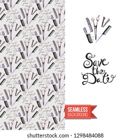 Beauty salon flyer promo card. Motivation quote: save the date. Fashion background with cosmetic, make up tools and fashion accessories. Editable vector template of greeting card.