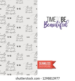 Beauty salon flyer promo card. Motivation quote: time to be beautiful. Fashion background with cosmetic, make up tools and fashion accessories. Editable vector template of greeting card.