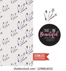 Beauty salon flyer promo card. Motivation quote: time to be beautiful. Fashion background with cosmetic, make up tools and fashion accessories. Editable vector template of greeting card.