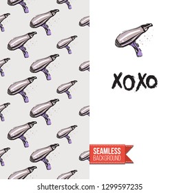 Beauty salon flyer promo card. Motivation quote: xoxo. Fashion background with cosmetic, make up tools and fashion accessories. Editable vector template of greeting card.