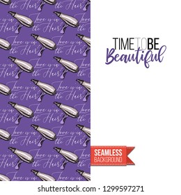 Beauty salon flyer promo card. Motivation quote: time to be beautiful. Fashion background with cosmetic, make up tools and fashion accessories. Editable vector template of greeting card.