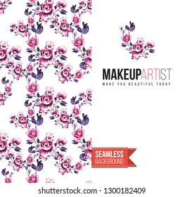 Beauty salon flyer promo card. Motivation quote: makeup artist. Fashion background with cosmetic, make up tools and fashion accessories. Editable vector template of greeting card.