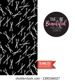 Beauty salon flyer promo card. Motivation quote: time to be beautiful. Fashion background with cosmetic, make up tools and fashion accessories. Editable vector template of greeting card.