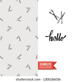 Beauty salon flyer promo card. Motivation quote: hello. Fashion background with cosmetic, make up tools and fashion accessories. Editable vector template of greeting card.