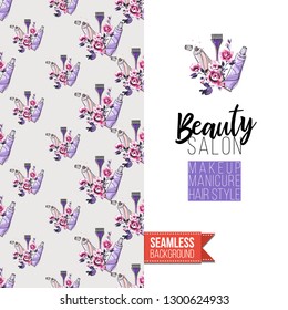 Beauty salon flyer promo card. Motivation quote: beauty salon. Fashion background with cosmetic, make up tools and fashion accessories. Editable vector template of greeting card.