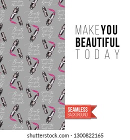 Beauty salon flyer promo card. Motivation quote: make you beautiful today. Fashion background with cosmetic, make up tools and fashion accessories. Editable vector template of greeting card.