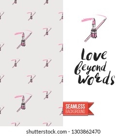 Beauty salon flyer promo card. Motivation quote: love beyond words. Fashion background with cosmetic, make up tools and fashion accessories. Editable vector template of greeting card.