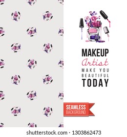 Beauty salon flyer promo card. Motivation quote: makeup artist make you beautiful. Fashion background with cosmetic, make up tools and fashion accessories. Editable vector template of greeting card.