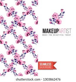 Beauty salon flyer promo card. Motivation quote: makeup artist. Fashion background with cosmetic, make up tools and fashion accessories. Editable vector template of greeting card.