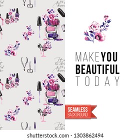 Beauty salon flyer promo card. Motivation quote: make you beautiful today. Fashion background with cosmetic, make up tools and fashion accessories. Editable vector template of greeting card.