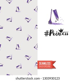 Beauty salon flyer promo card. Motivation quote: princess hashtag. Fashion background with cosmetic, make up tools and fashion accessories. Editable vector template of greeting card.