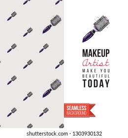 Beauty salon flyer promo card. Motivation quote: makeup artist make you beautiful. Fashion background with cosmetic, make up tools and fashion accessories. Editable vector template of greeting card.