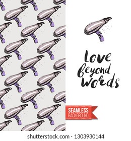 Beauty salon flyer promo card. Motivation quote: love beyond words. Fashion background with cosmetic, make up tools and fashion accessories. Editable vector template of greeting card.