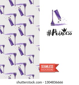 Beauty salon flyer promo card. Motivation quote: princess hashtag. Fashion background with cosmetic, make up tools and fashion accessories. Editable vector template of greeting card.