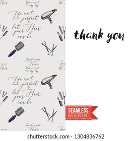 Beauty salon flyer promo card. Motivation quote: thank you. Fashion background with cosmetic, make up tools and fashion accessories. Editable vector template of greeting card.