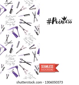 Beauty salon flyer promo card. Motivation quote: princess hashtag. Fashion background with cosmetic, make up tools and fashion accessories. Editable vector template of greeting card.