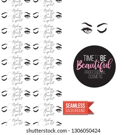 Beauty salon flyer promo card. Motivation quote: time to be beautiful. Fashion background with cosmetic, make up tools and fashion accessories. Editable vector template of greeting card.