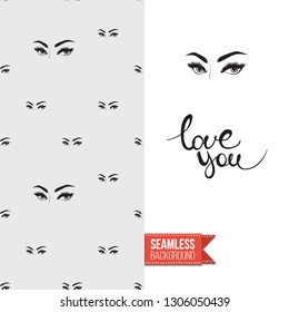 Beauty salon flyer promo card. Motivation quote: love you. Fashion background with cosmetic, make up tools and fashion accessories. Editable vector template of greeting card.