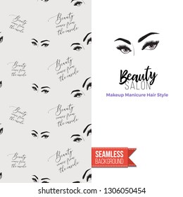 Beauty salon flyer promo card. Motivation quote: beauty salon. Fashion background with cosmetic, make up tools and fashion accessories. Editable vector template of greeting card.