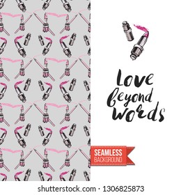 Beauty salon flyer promo card. Motivation quote: love beyond words. Fashion background with cosmetic, make up tools and fashion accessories. Editable vector template of greeting card.