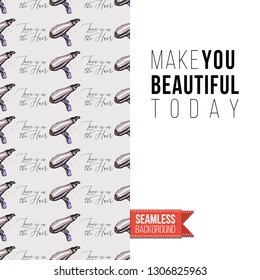 Beauty salon flyer promo card. Motivation quote: make you beautiful today. Fashion background with cosmetic, make up tools and fashion accessories. Editable vector template of greeting card.