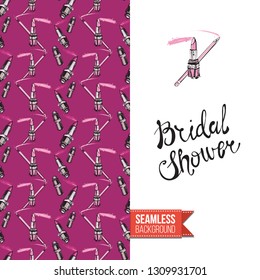 Beauty salon flyer promo card. Motivation quote: bridal shower. Fashion background with cosmetic, make up tools and fashion accessories. Editable vector template of greeting card.