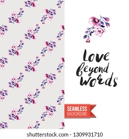 Beauty salon flyer promo card. Motivation quote: love beyond words. Fashion background with cosmetic, make up tools and fashion accessories. Editable vector template of greeting card.