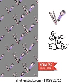 Beauty salon flyer promo card. Motivation quote: save the date. Fashion background with cosmetic, make up tools and fashion accessories. Editable vector template of greeting card.