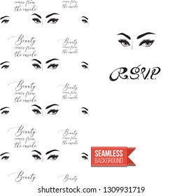 Beauty salon flyer promo card. Motivation quote: rsvp. Fashion background with cosmetic, make up tools and fashion accessories. Editable vector template of greeting card.