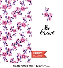 Beauty salon flyer promo card. Motivation quote: be brave. Fashion background with cosmetic, make up tools and fashion accessories. Editable vector template of greeting card.