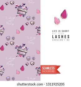 Beauty salon flyer promo card. Motivation quote: life is short but not lashes. Fashion background with cosmetic, make up tools and fashion accessories. Editable vector template of greeting card.