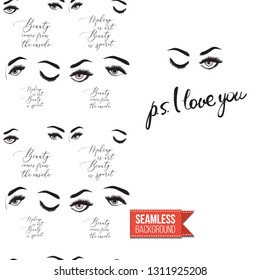 Beauty salon flyer promo card. Motivation quote: ps i love you. Fashion background with cosmetic, make up tools and fashion accessories. Editable vector template of greeting card.