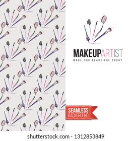 Beauty salon flyer promo card. Motivation quote: makeup artist. Fashion background with cosmetic, make up tools and fashion accessories. Editable vector template of greeting card.