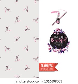 Beauty salon flyer promo card. Motivation quote: time to be beautiful. Fashion background with cosmetic, make up tools and fashion accessories. Editable vector template of greeting card.