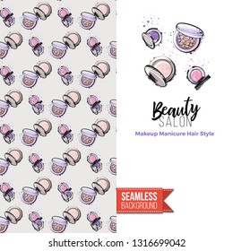Beauty salon flyer promo card. Motivation quote: beauty salon. Fashion background with cosmetic, make up tools and fashion accessories. Editable vector template of greeting card.